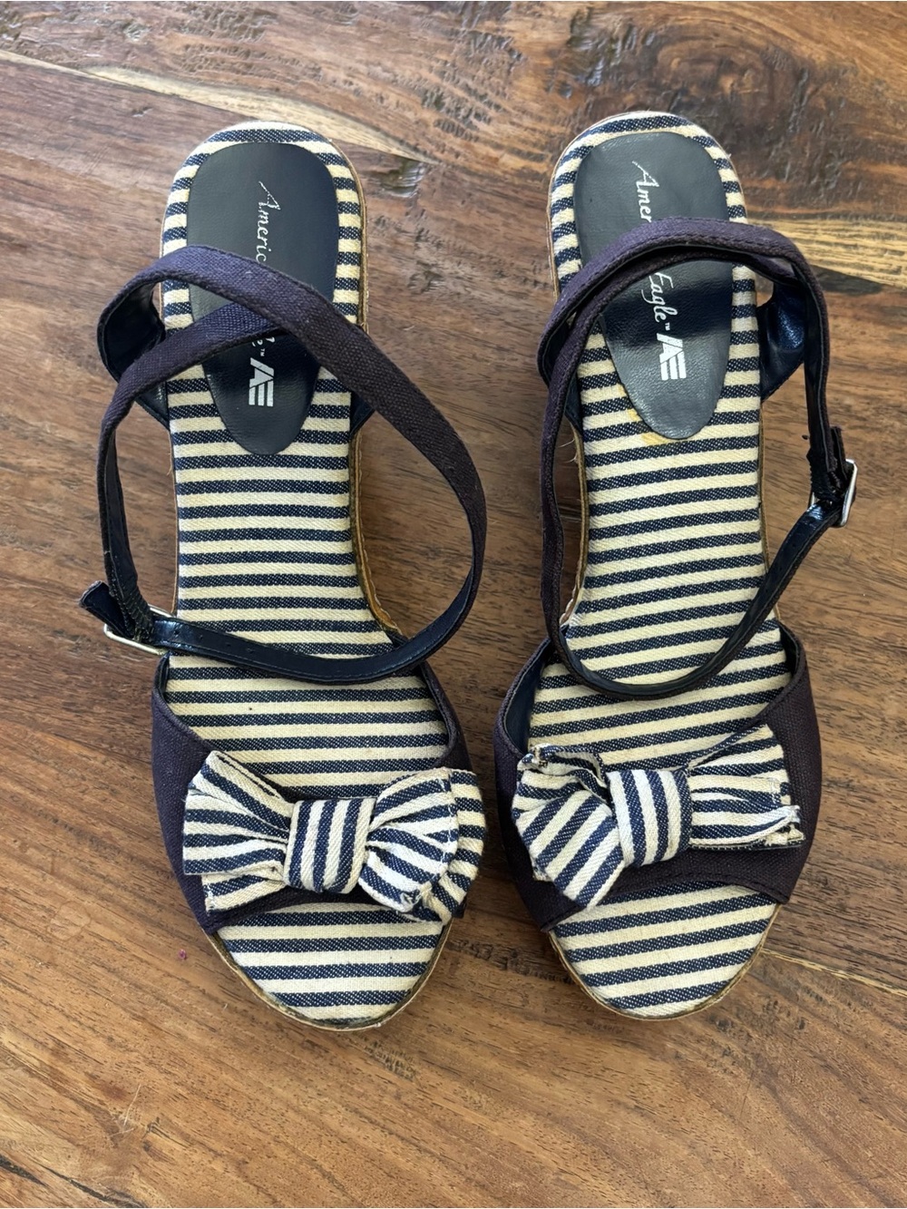 American Eagle Outfitters Navy and Cream Striped Espadrille Wedges - Picture 7 of 7